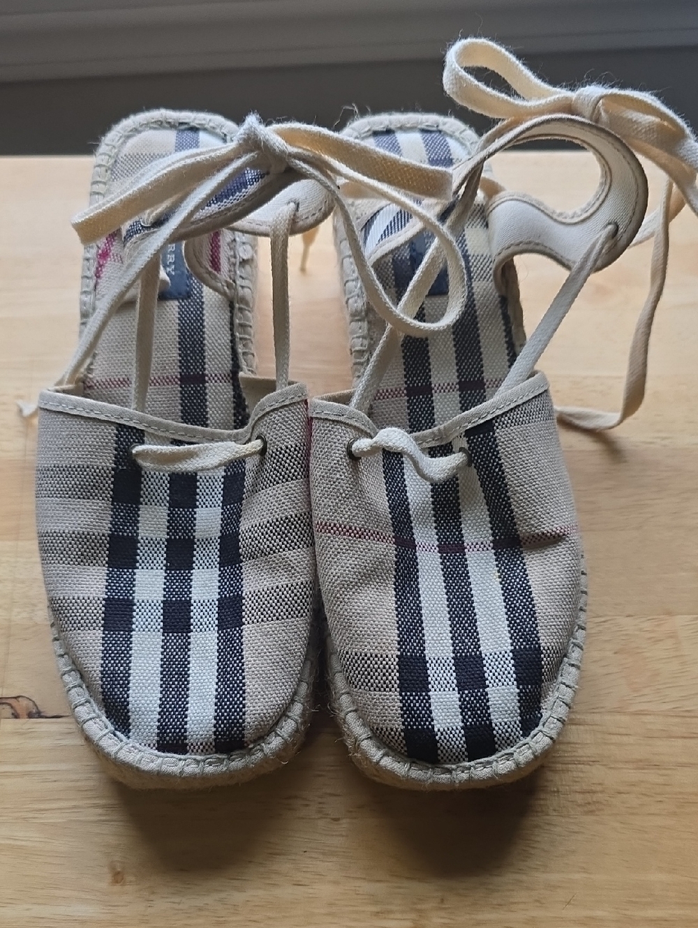 Burberry Plaid Espadrille Lace-Up Sandals in Beige and Navy